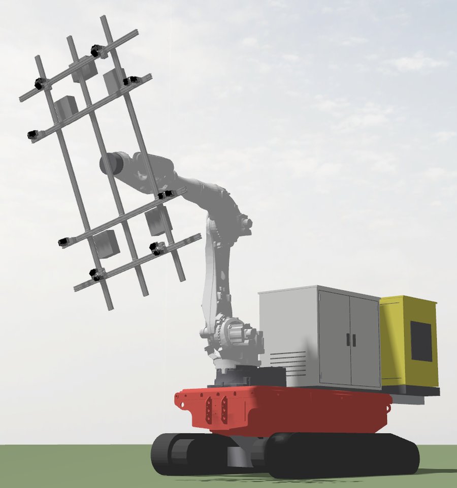 Beccy, the design model: a tracked carrier with an industrial robot arm raising the frame gripper, as if waving